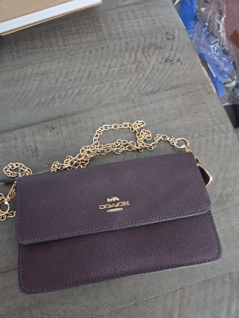 Coach Pebbled Leather Crossbody - Plum with Gold Chain